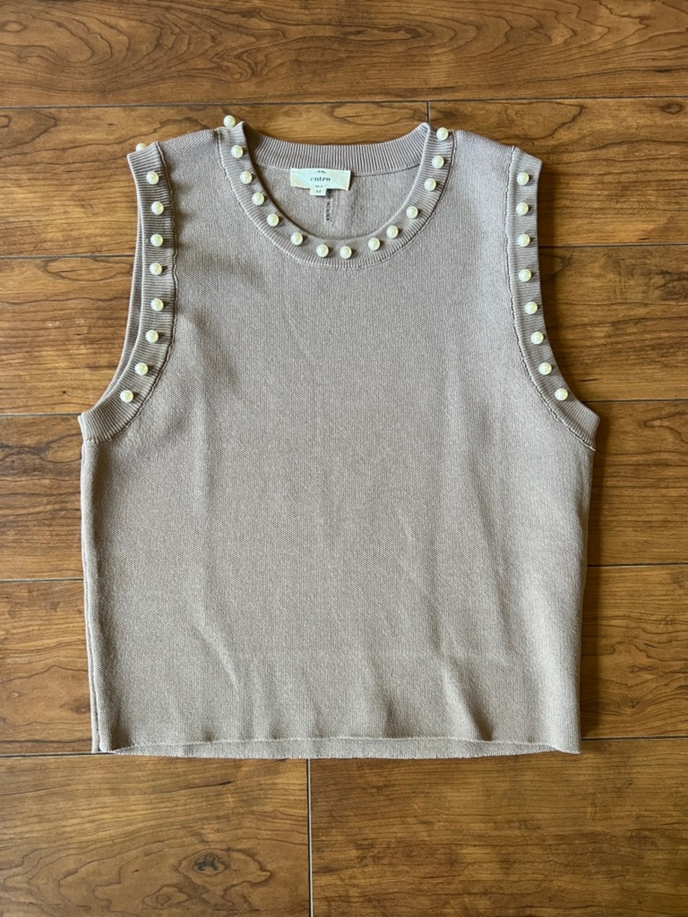 entro Pearl-Embellished Knit Tank in Taupe